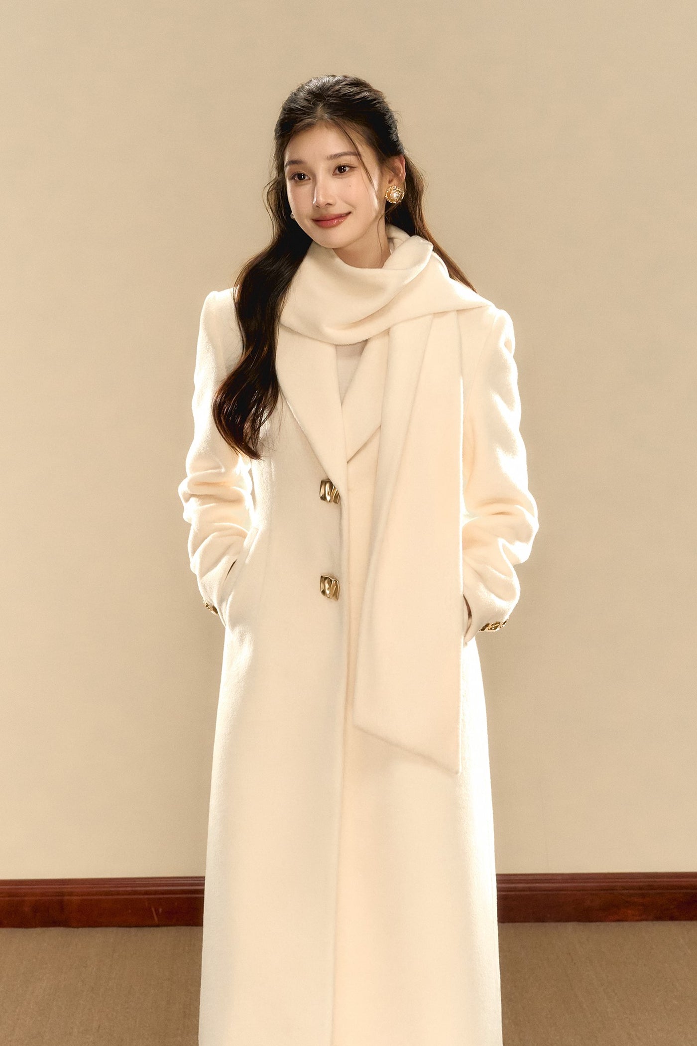 Milky White Simple Waist Long Wool Coat OSH0089