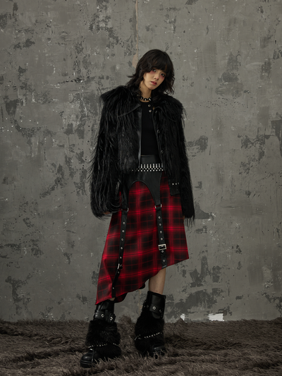 Dark Punk Street Rock Splicing A-line Black And Red Plaid Skirt FRU0032