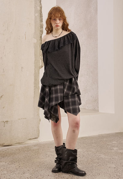 Irregular Plaid Lace Patchwork Skirt DID0225