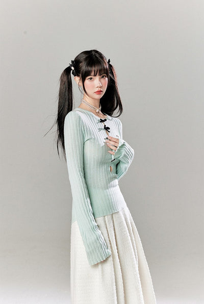 Hollow Long Sleeve Round Neck Bow Knitted Sweater/Skirt TBI0051