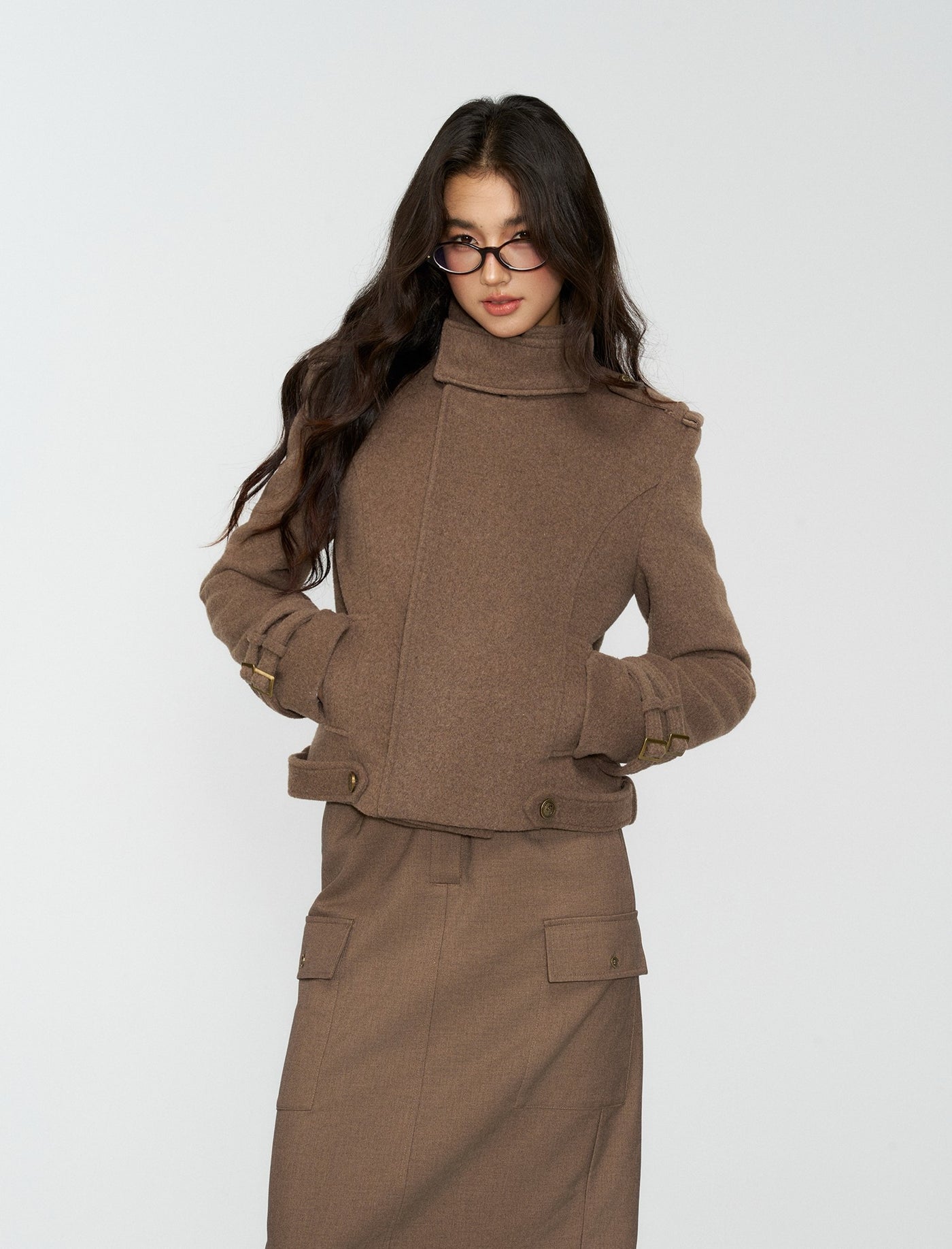 Brown High Neck Wool Jacket/Shorts 4MU0163