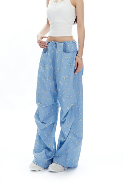 Floral Drawstring Loose Straight Versatile Wide-leg Pants APE0314