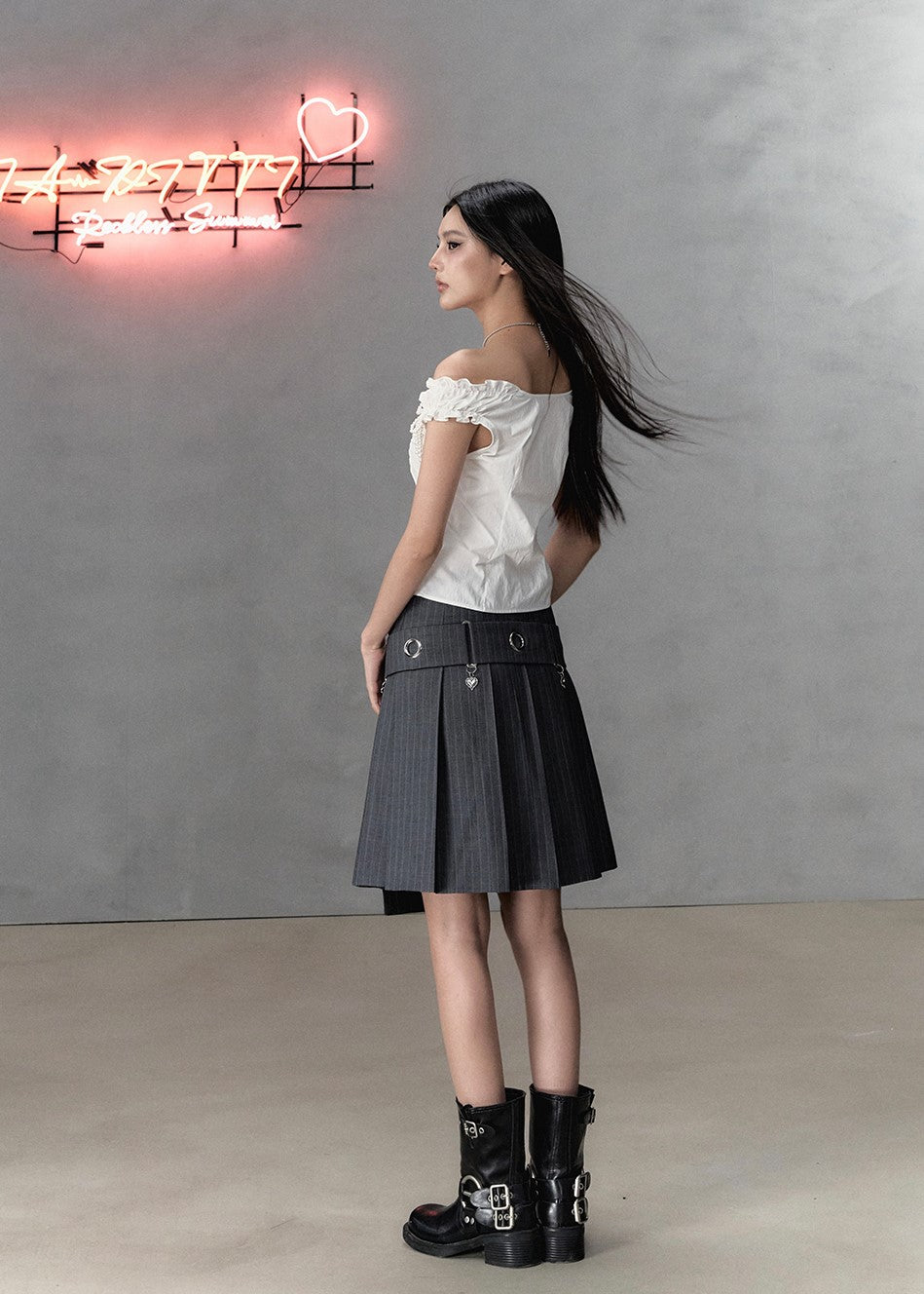 Irregular Waist Pleated A-Line Midi-Length Skirt/Belt VIA0135