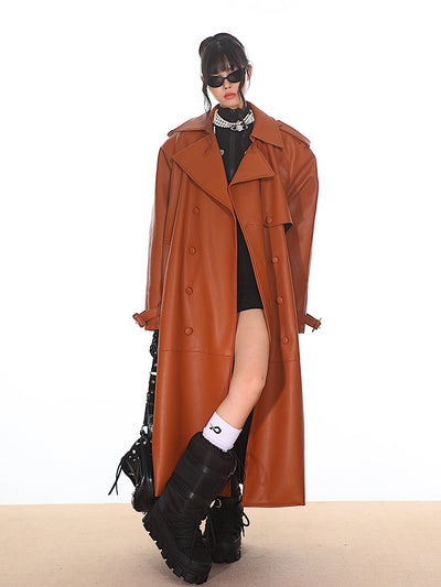 High-end Niche Silhouette Leather Long Coat UNC0154