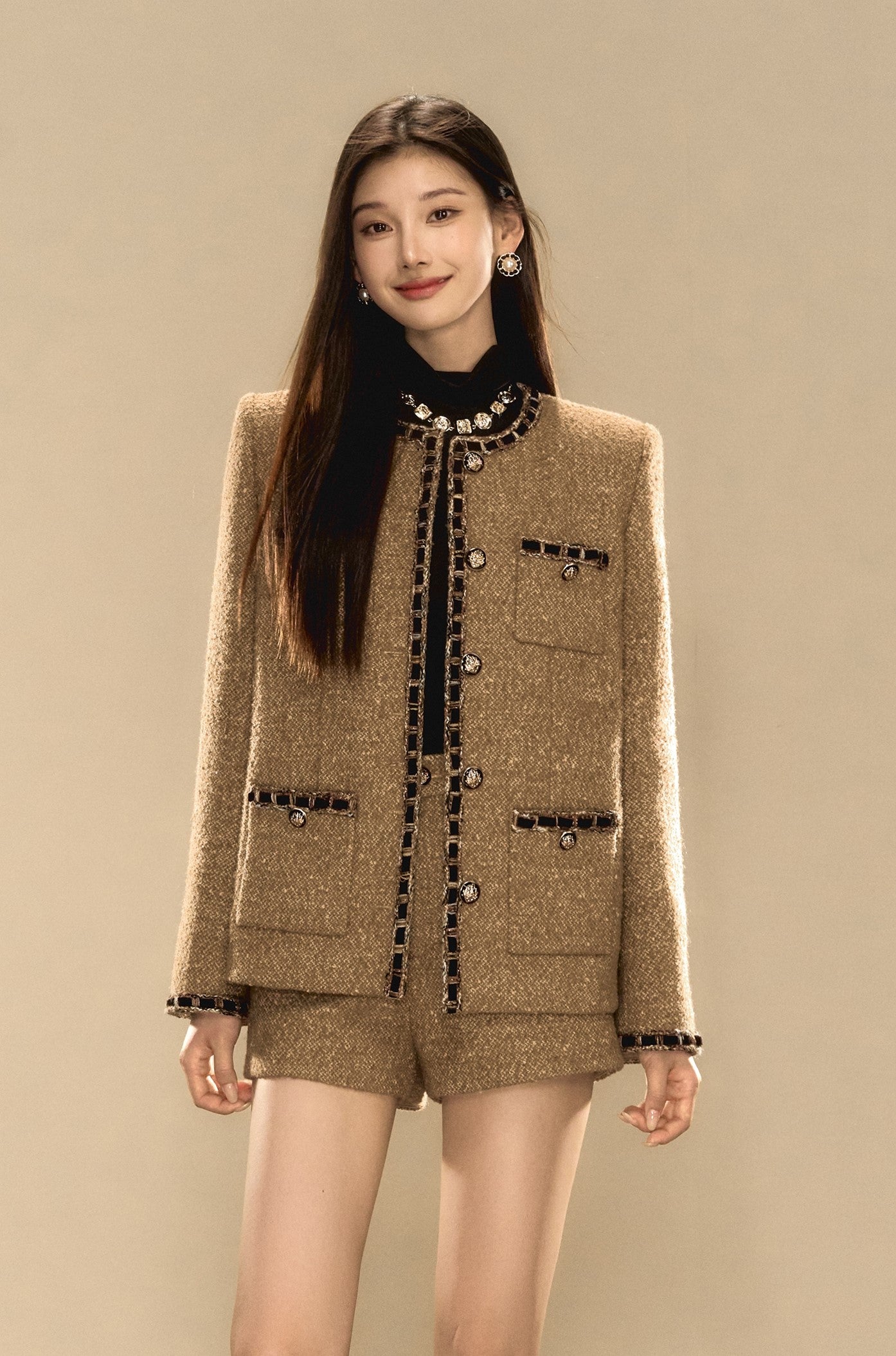 French Retro Luxurious Style Tweed Ribbon Jacket/Shorts OSH0075