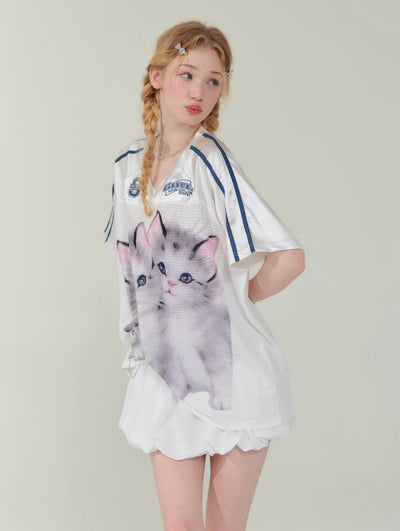 Cat Print Loose V-neck Quick-drying Short-sleeved T-shirt ZIZ0144