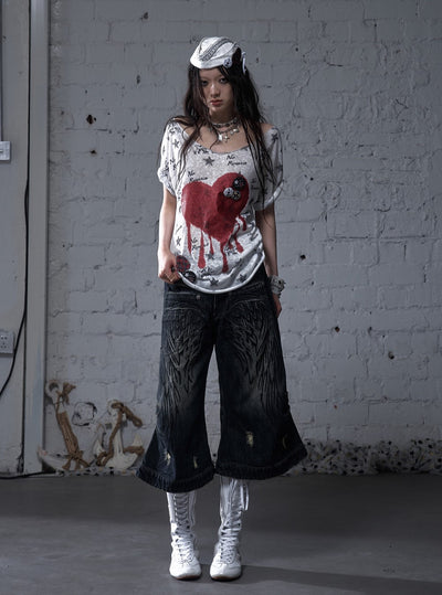 Punk Embroidered Wings Cropped Jeans NOR0177