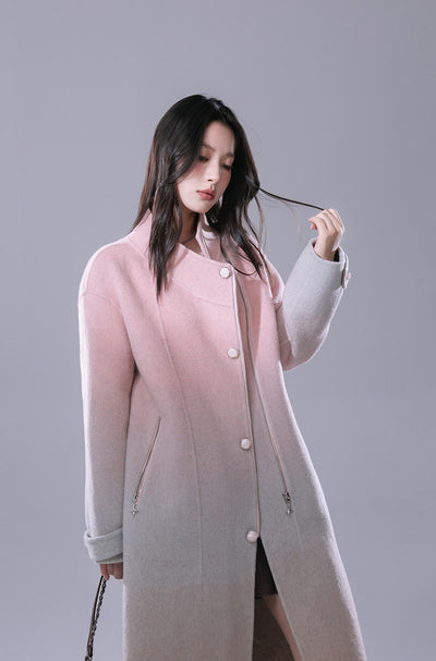 Gradient Powder Pink And Blue Contrast Tencel Double-faced Wool Coat COT0163