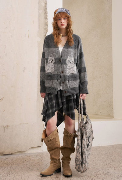 Symmetrical Kitten Striped Knitted Cardigan DID0228