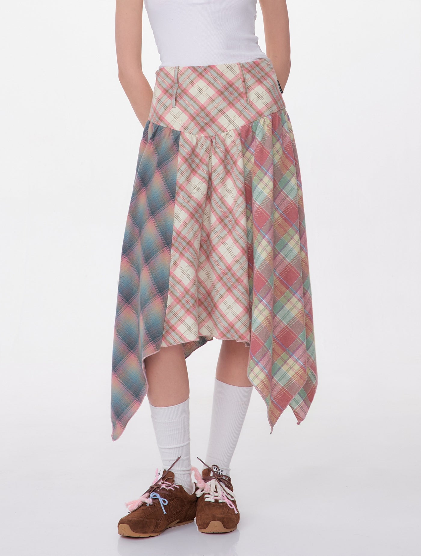 Contrast Color Stitching Plaid High Waist Pink Plaid Skirt ZIZ0113