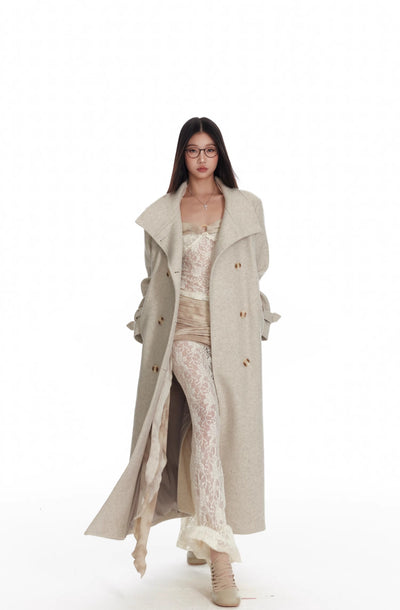 Oatmeal Color Detachable Shawl Cape/Woolen Long Coat 4MU0076