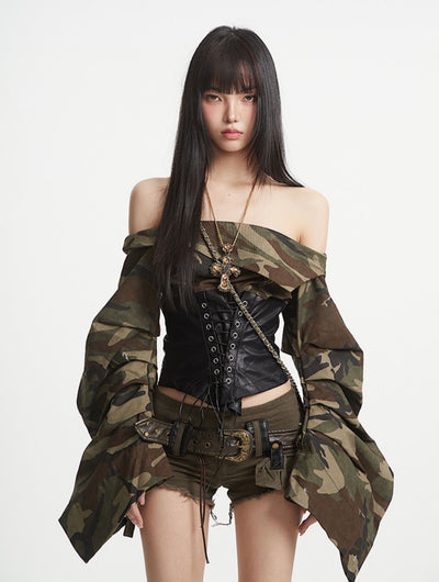 Camouflage One-shoulder Leather Top UNC0254