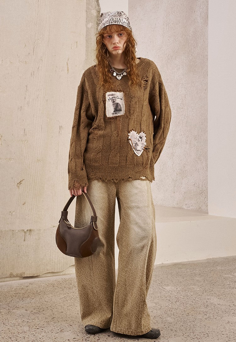 Appliqued Kitten Hollow Cable Sweater DID0235