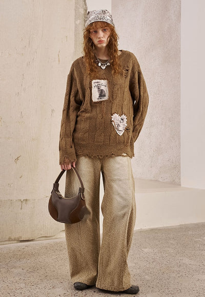 Appliqued Kitten Hollow Cable Sweater DID0235
