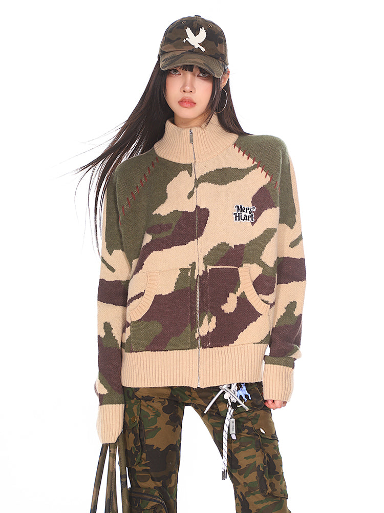 Retro Street Camouflage Knitted Zipper Jacket UNC0167