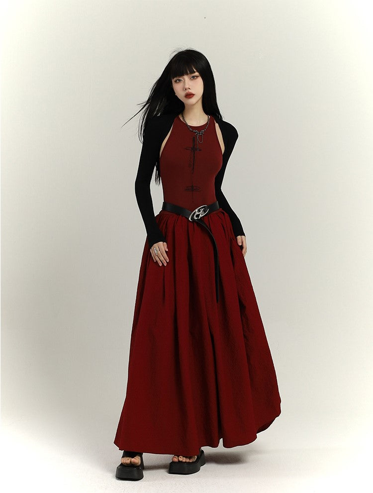 Chinese Style Red Suspenders Long Dress LAD0092