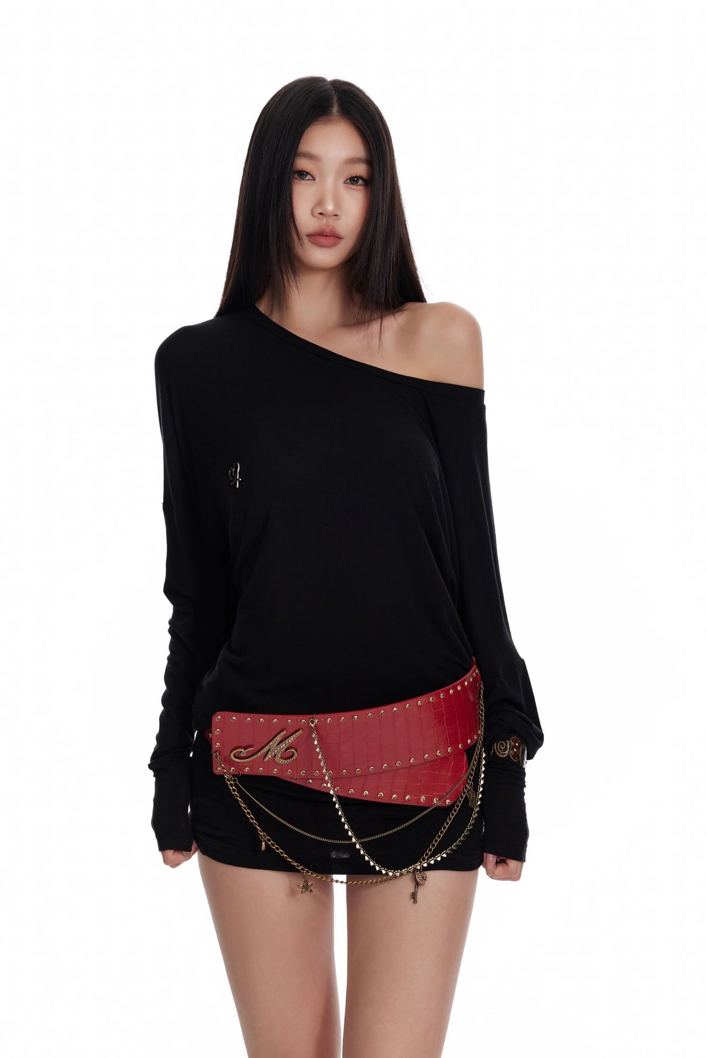 Oblique Shoulder Pleated Stacked Bottoming Long-sleeved T-shirt 4MU0072