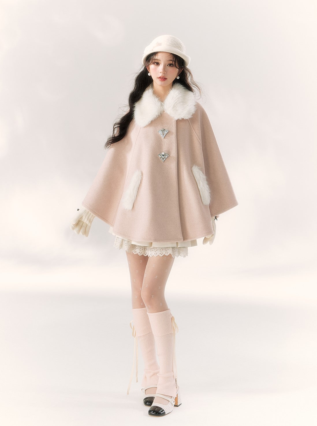 Ribbon Diamond Button Fur Collar Cape BBB0091