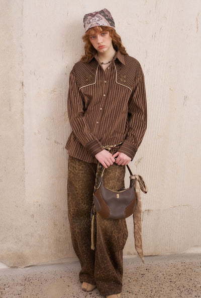 Suede Beaded Retro Striped Shirt DID0215