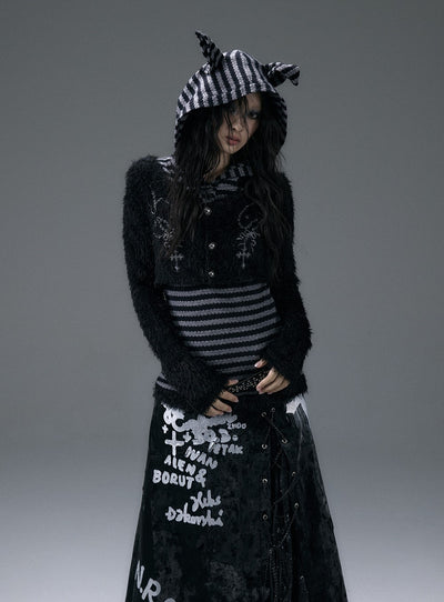 Punk Embroidery Fake Two-piece Striped Doberman Ears Hooded T-shirt NOR0132