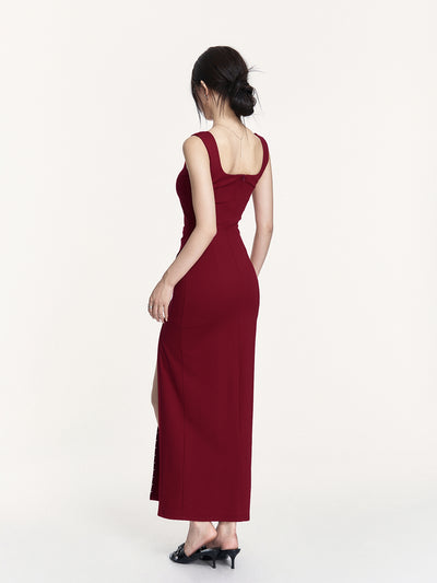 Red Waist Slit Square Collar Dress VOC0428