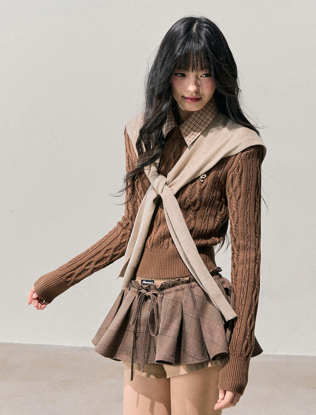 Plaid Collar Cable Knit Sweater DIA0751