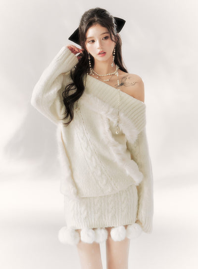 Off-shoulder Plush Fur Knitted Sweater BBB0102