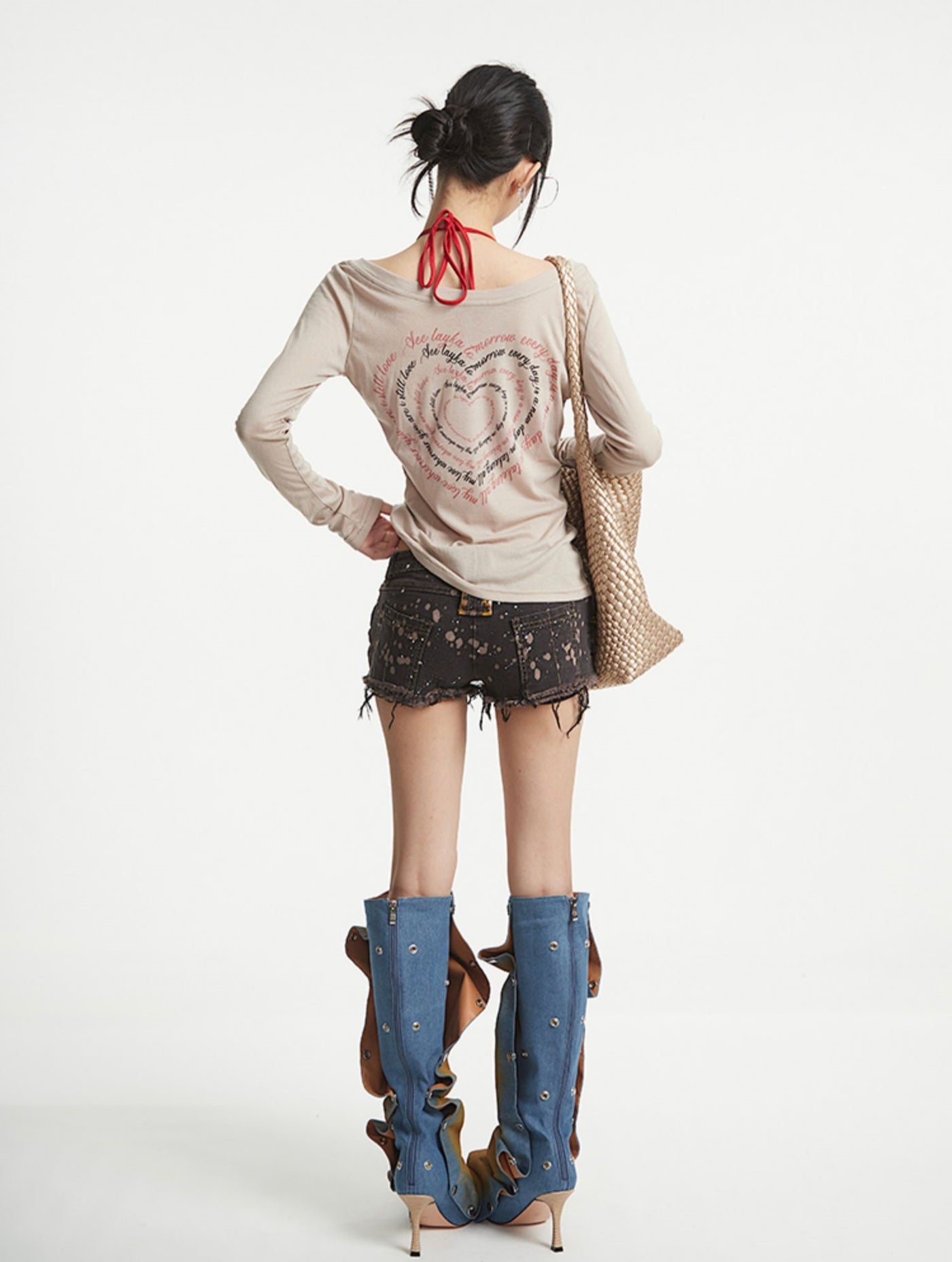 Black Patchwork Leather Denim Shorts UNC0257