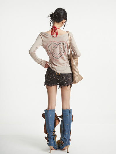 Black Patchwork Leather Denim Shorts UNC0257