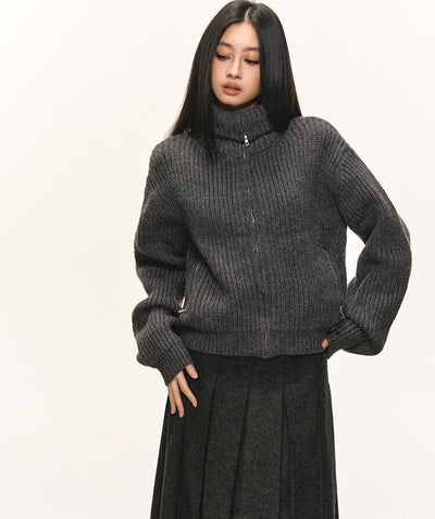 High-Neck Knitted Zipper Cardigan ANA0078