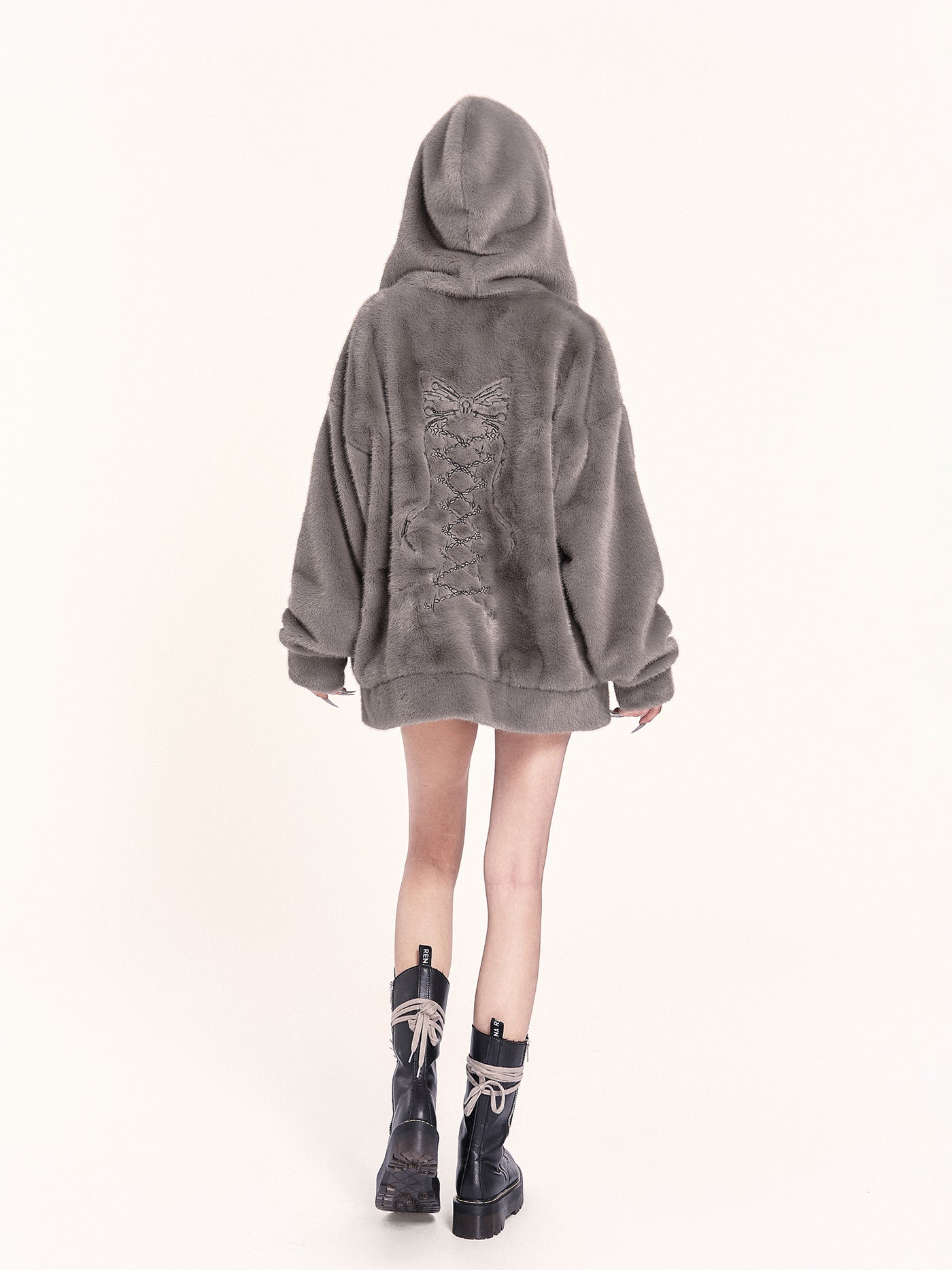 Lazy Style Plush Ribbon Design Hooded Jacket VOC0481