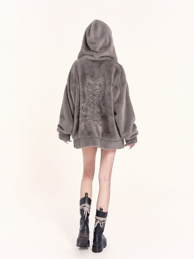 Lazy Style Plush Ribbon Design Hooded Jacket VOC0481