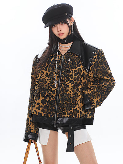 Wild Leopard Design Leather Lapel Zipper Jacket UNC0189