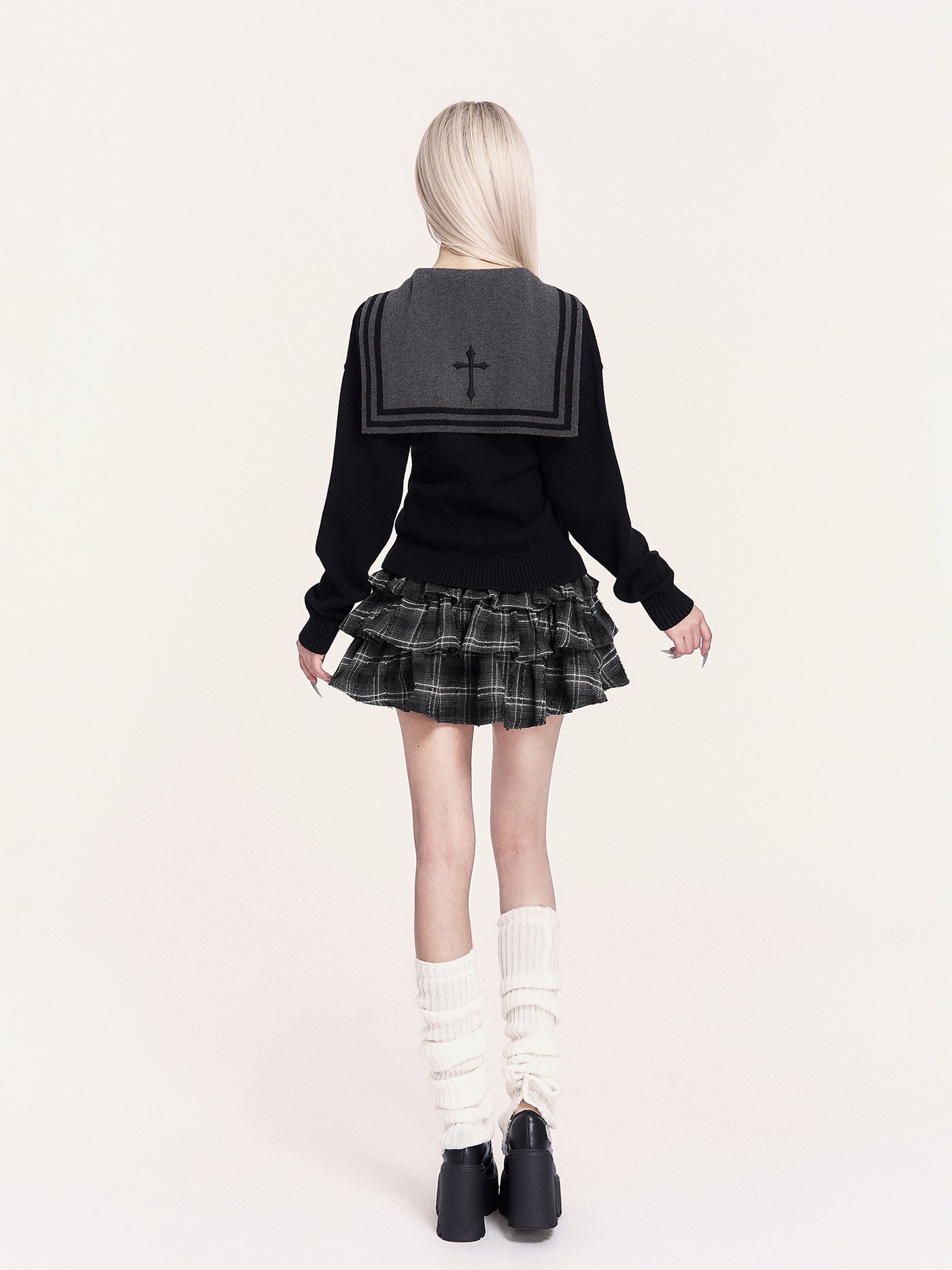 Navy Collar Cross Long Sleeves Sweater VOC0479