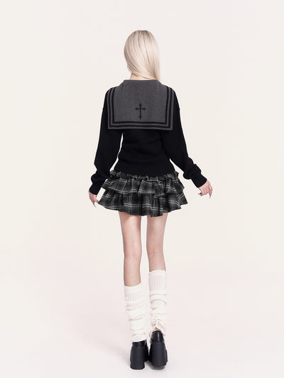 Navy Collar Cross Long Sleeves Sweater VOC0479