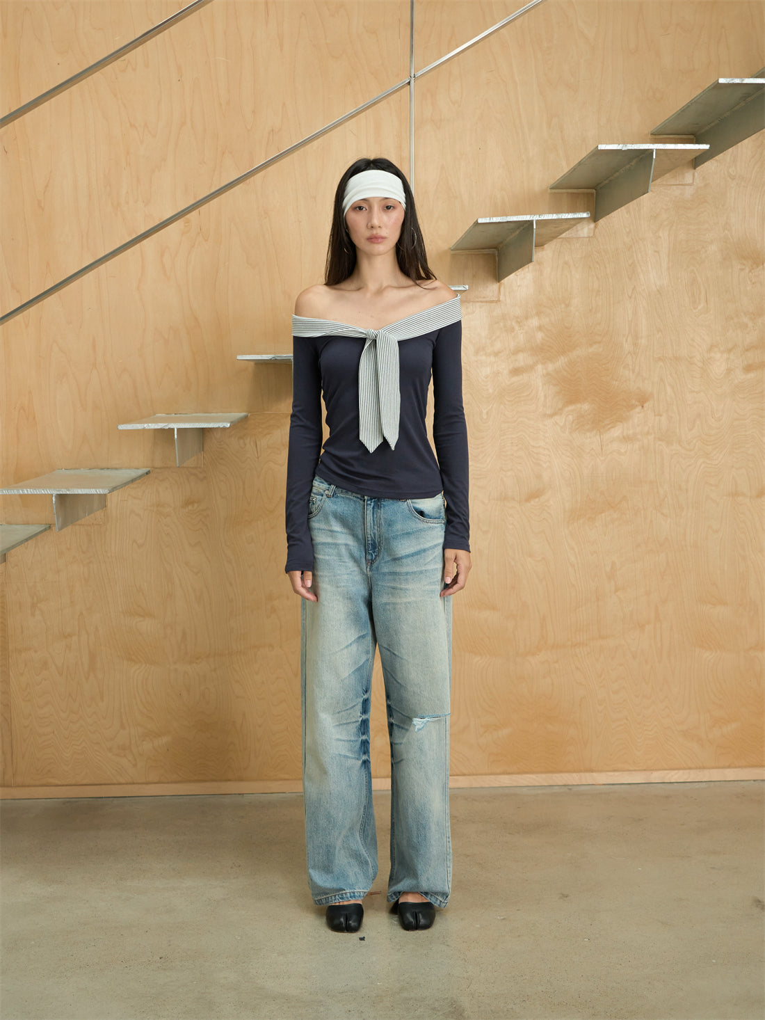 One-shoulder Striped Tie-stitched T-shirt CUR0248