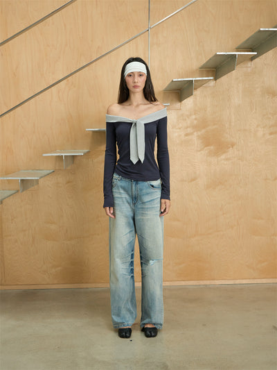 One-shoulder Striped Tie-stitched T-shirt CUR0248