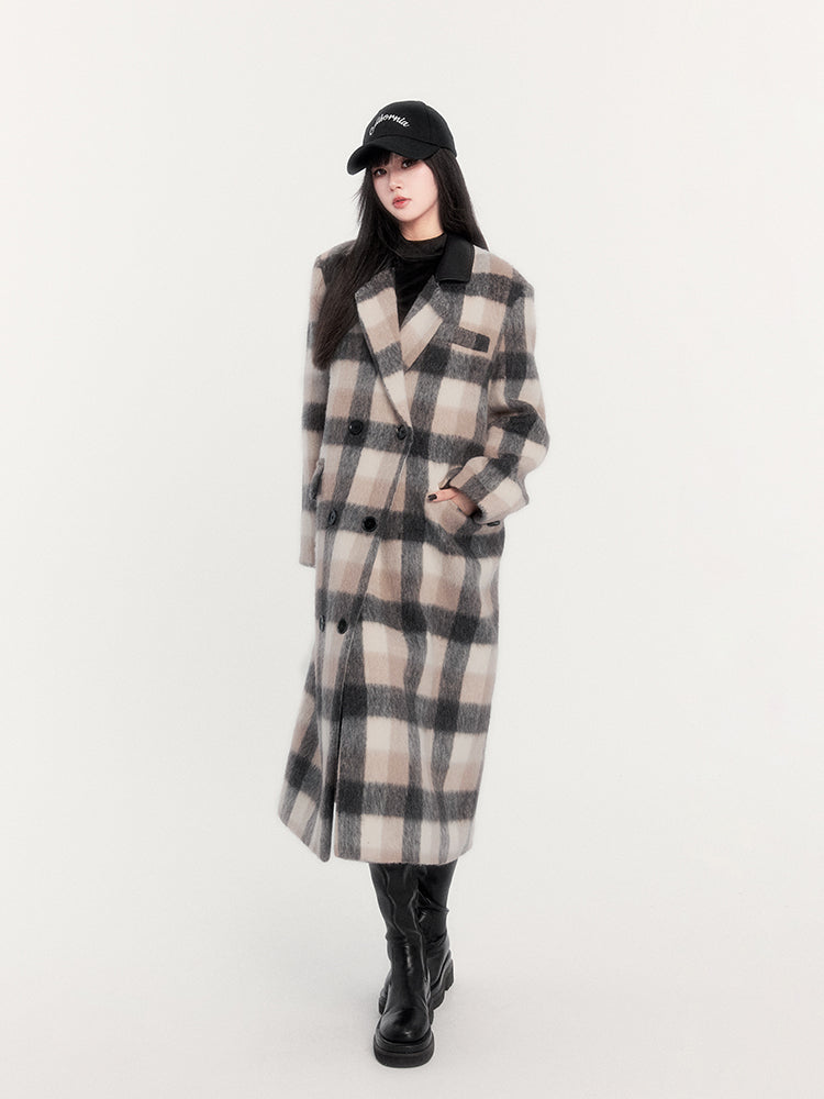 Brown Relaxed Plaid Woolen Long Coat VOC0284