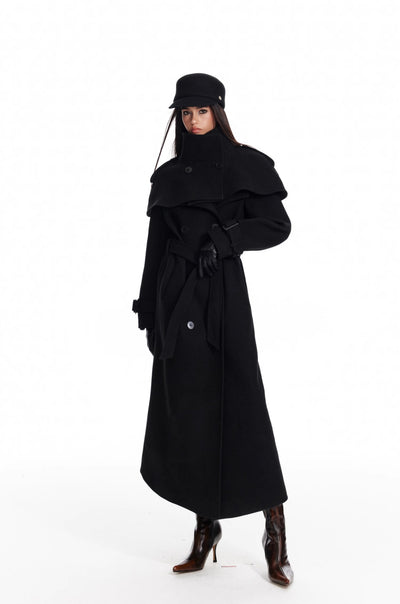 Black Detachable Cape/Woolen Long Coat 4MU0073