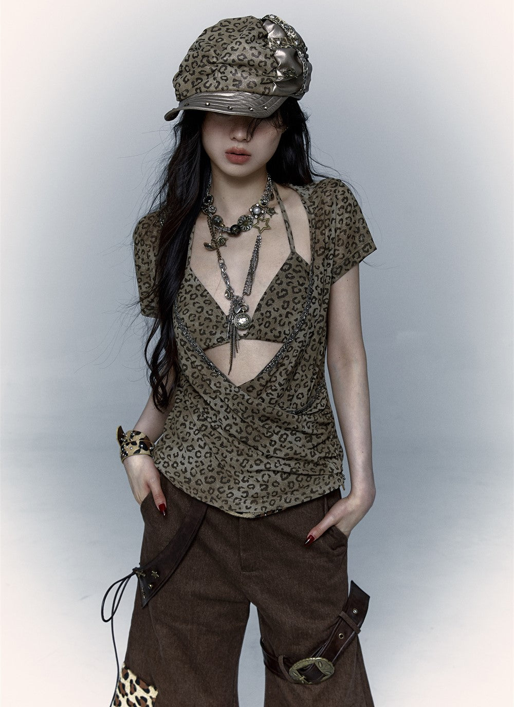 Punk Leopard Print Stitching Rivet Beret NOR0073