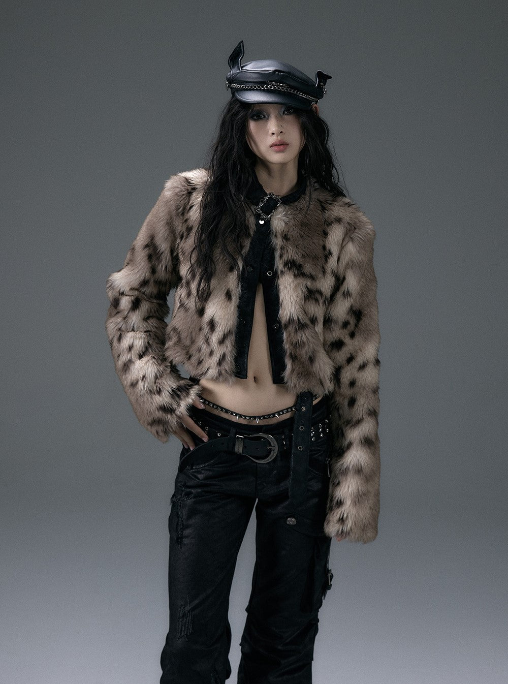 Dark Punk Leopard Print Two-sided Suede Short Jacket NOR0133