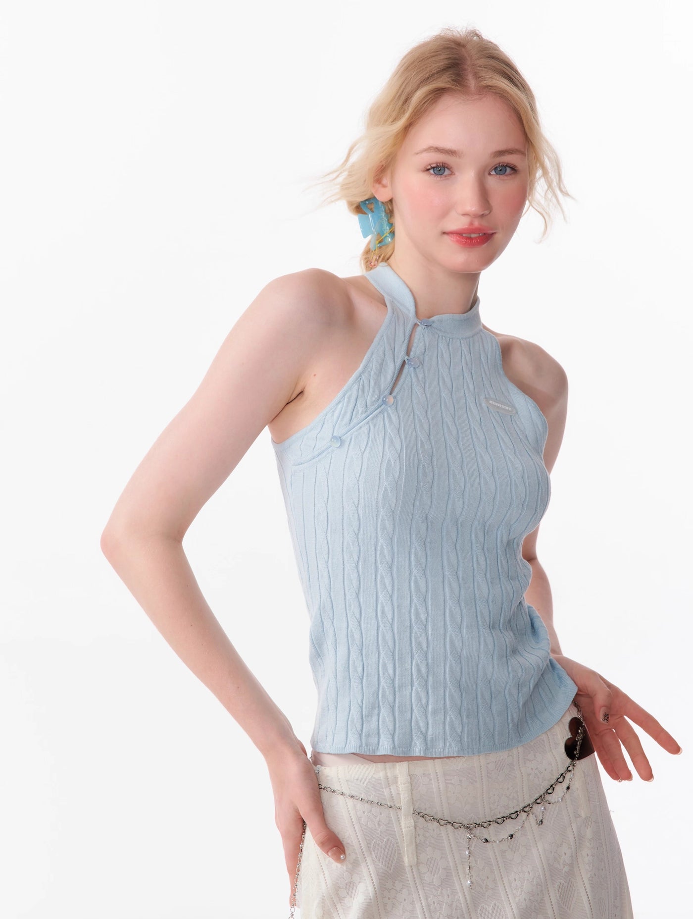 Chinese Style Short Halter Neck Knitted Sleeveless Top ZIZ0115