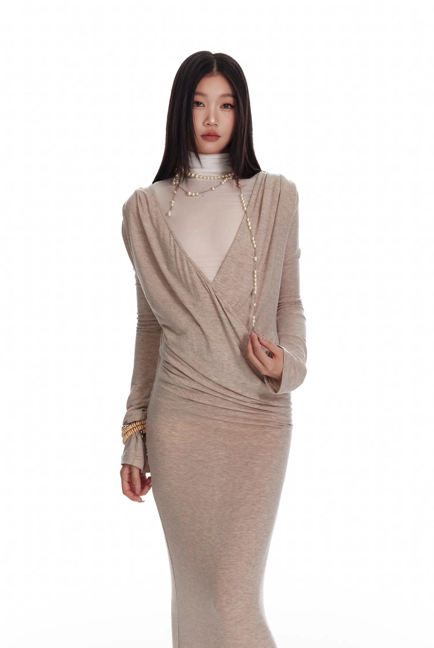 Diamond Cross Design High Collar See-through Mesh Long-sleeved Top 4MU0078