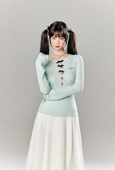 Hollow Long Sleeve Round Neck Bow Knitted Sweater/Skirt TBI0051