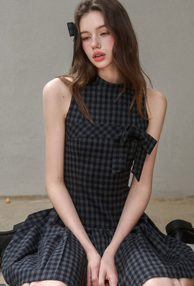 Bow Halter Neck Plaid Pleated Dress GRO0175