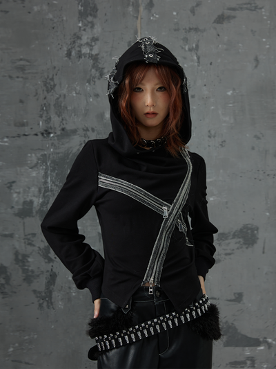 Dark Punk Cross Slant Placket Hooded Top FRU0051