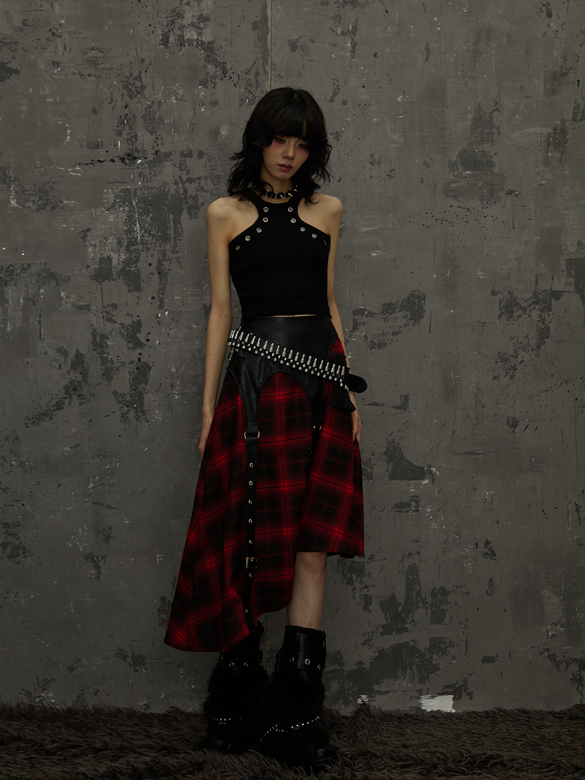 Dark Punk Street Rock Splicing A-line Black And Red Plaid Skirt FRU0032