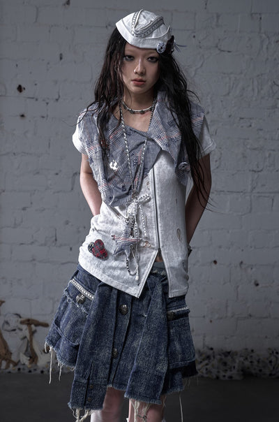 Punk Plaid Scarf Fake Two-piece T-shirt NOR0183