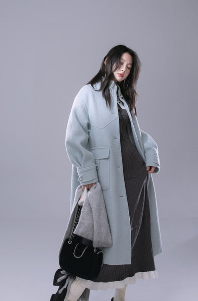 Skyblue Stand Collar Wool Long Coat COT0168