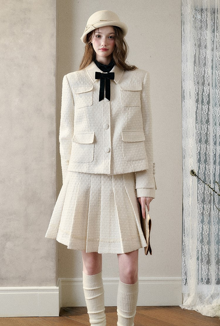 Natural Wool Suit Elegant Jacket/Pleated Skirt GRO0089